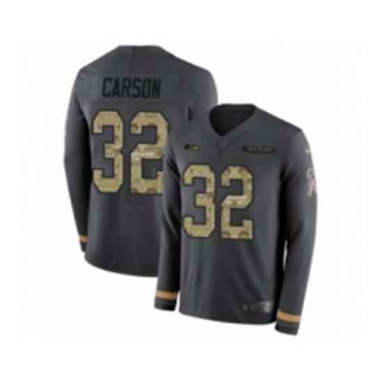 Mens Nike Seattle Seahawks 32 Chris Carson Limited Black Salute to Service Therma Long Sleeve NFL Jersey